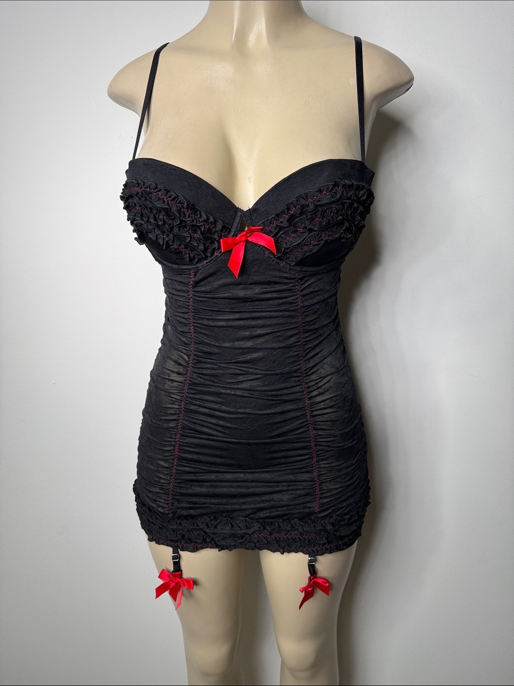 Victoria's Secret Secy Little Things Black Chemise with Red Bow Accents